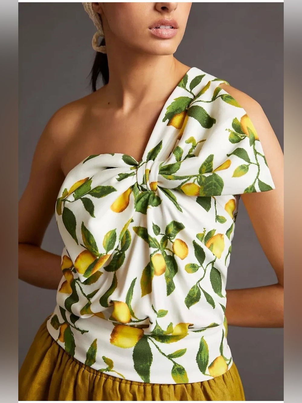 Anthropologie Current Air Lemon Print One Shoulder Bow Smocked Top S NWT